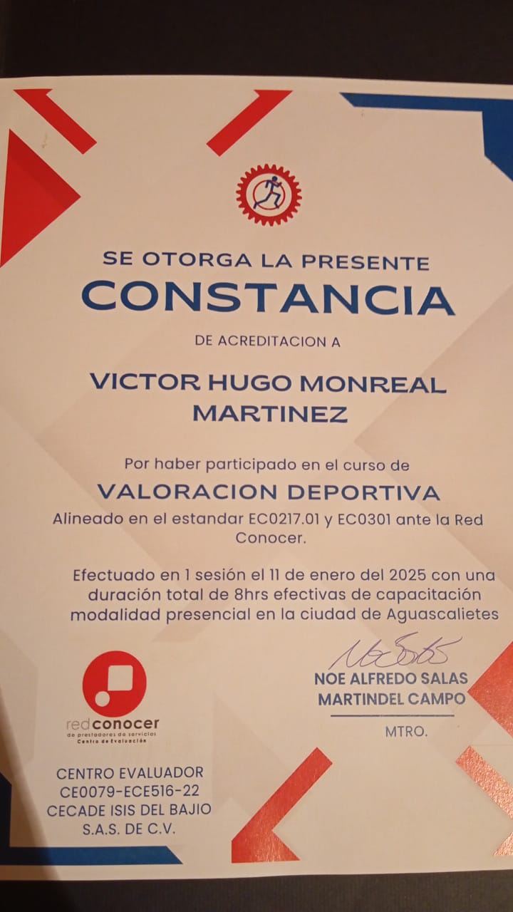 Certificado de Valoración Deportiva - Víctor Hugo Monreal